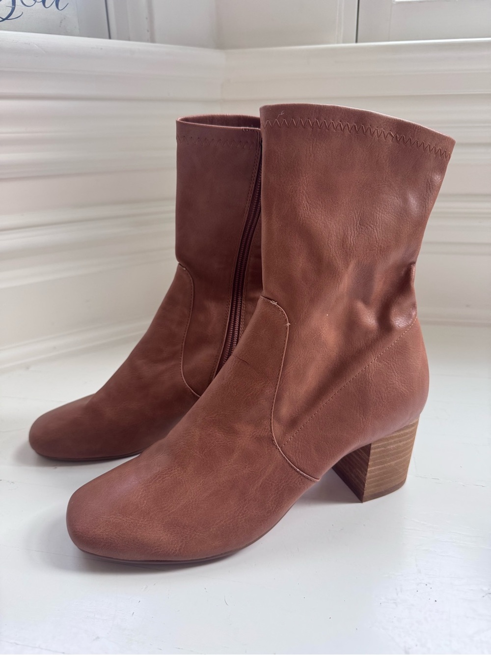 Anthropologie Cognac Leather Block Heel Booties - Size 39 (US 8/8.5)